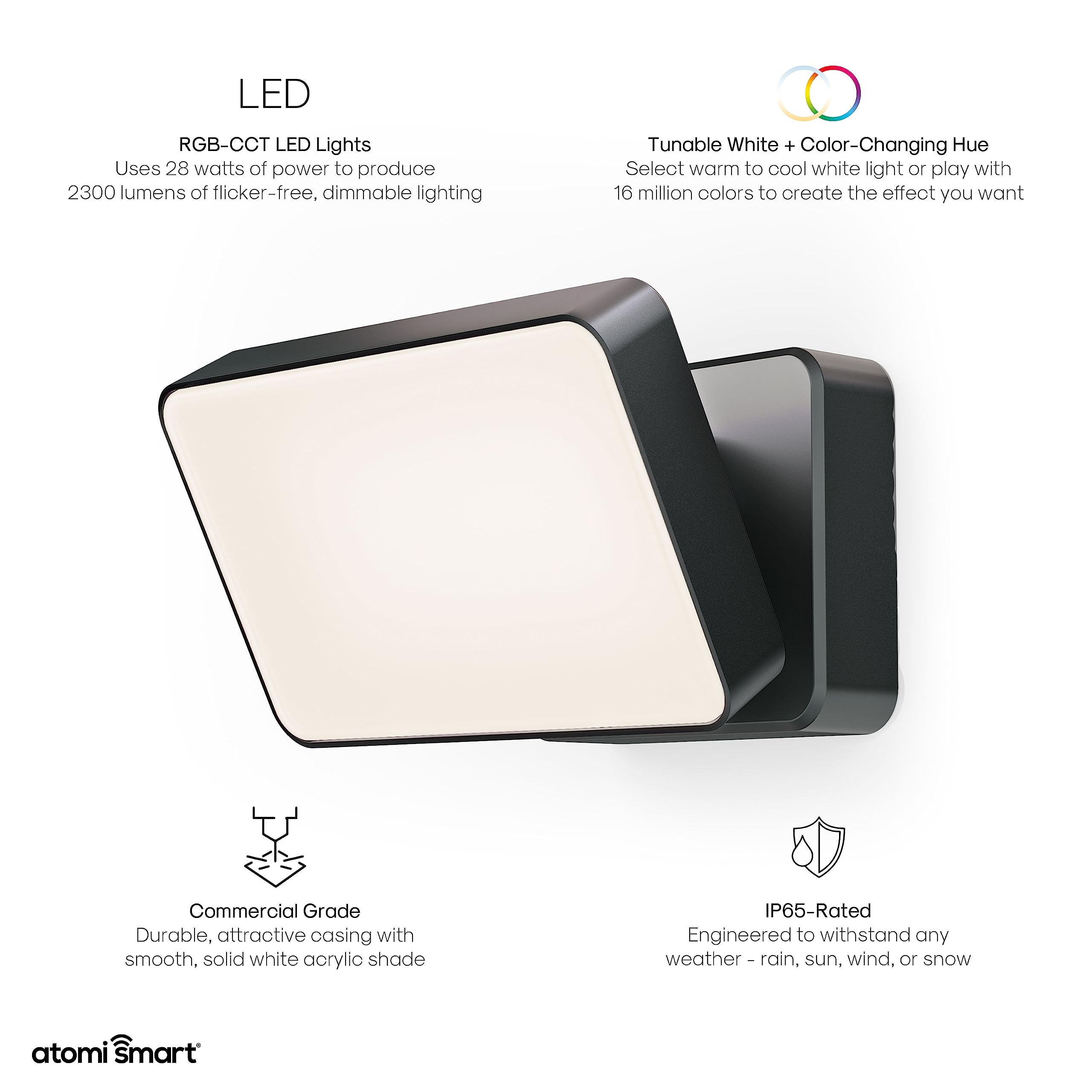 Atomi Smart WiFi LED Floodlight—2300 Lumens, Dimmable, Premium Aluminum Construction, IP65 All-Weather, Tunable White, Color Changing, Works with Voice Control