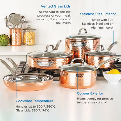 Viking Culinary 3-Ply Stainless Steel Hammered Copper Clad Cookware Set, 10 Piece, Oven Safe, Works on Electronic, Ceramic, and Gas Cooktops