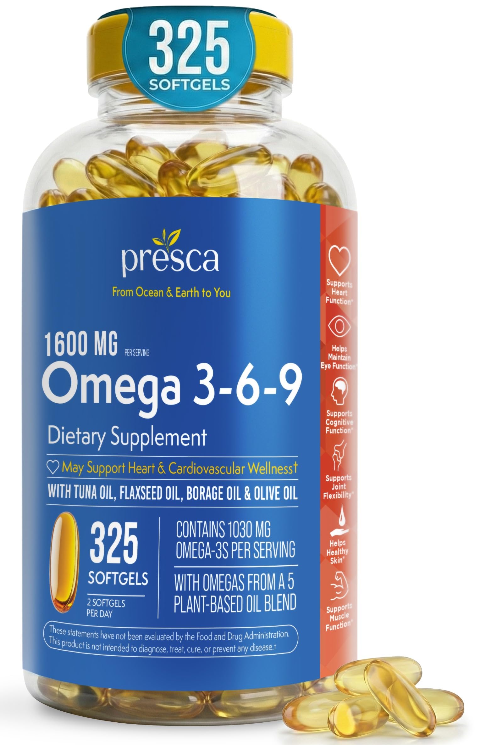 Presca Omega 3-6-9 Dietary Supplement (325 ct.) - Promote Visual Function and Eye Health - Support Heart, Cardiovascular Health, Healthy Skin, Hair and Overall Health (Omega 3-6-9)