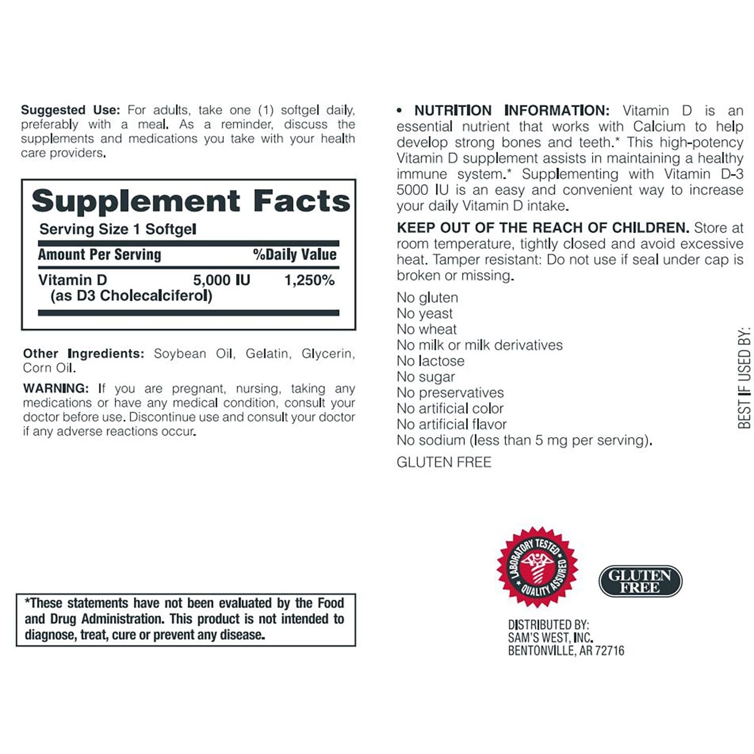 Member's Mark Vitamin D-3 5000 IU Dietary Supplement (400 Count)