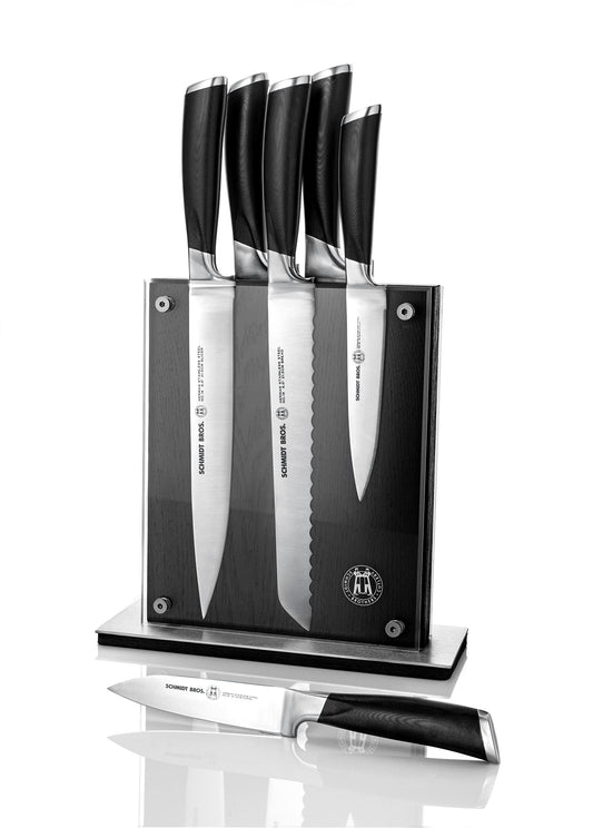 Schmidt Brothers - Heritage 7-Piece Kitcken Knife Set, High-Carbon German Stainless Steel Cutlery, and Clear Acrylic Magnetic Block Set