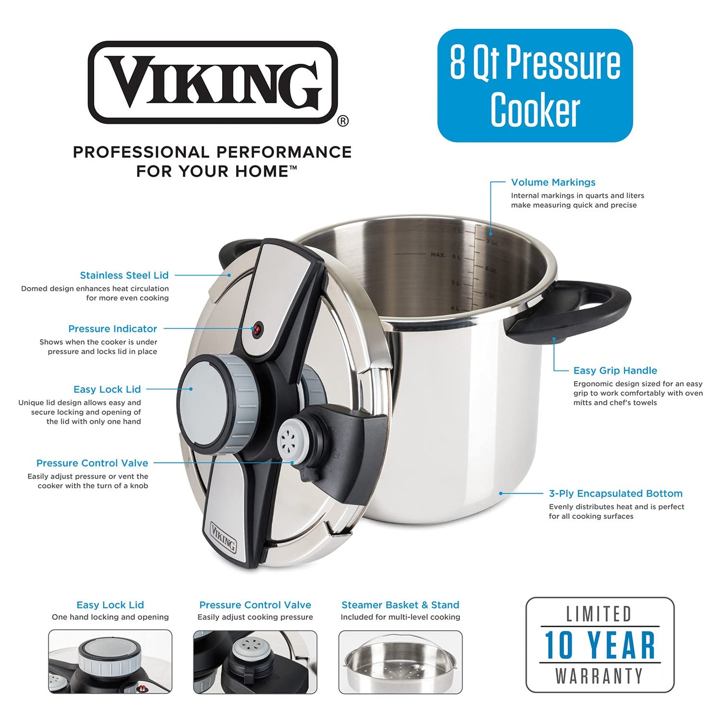 Viking Culinary 3-Ply Stainless Steel Pressure Cooker with Easy Clamp-Style Lock Lid, 8 Quart, Handwash Only, Works on All Cooktops including Induction