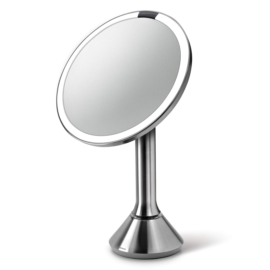 simplehuman Sensor Lighted Makeup Vanity Mirror 8" Round, 5X Magnification, Stainless Steel, Rechargeable and Cordless