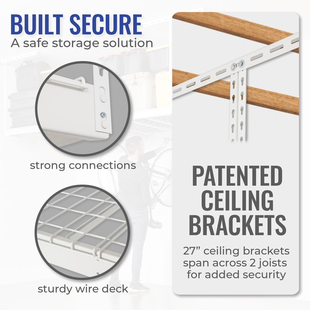 SafeRacks 4 ft x 8 ft Overhead Storage Rack Adjustable 24 in - 45in Height (White) With Accessory Pack With 5-Piece Hook Accessory Pack 2 pack