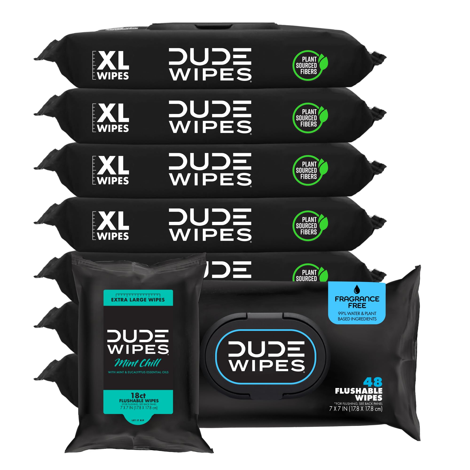DUDE Wipes - Flushable Wipes - 8-Pack, 384 Count - Unscented + Mint Chill Travel Pack 1-Pack, 18-Count - Extra-Large - Vitamin-E & Aloe - Septic and Sewer Safe
