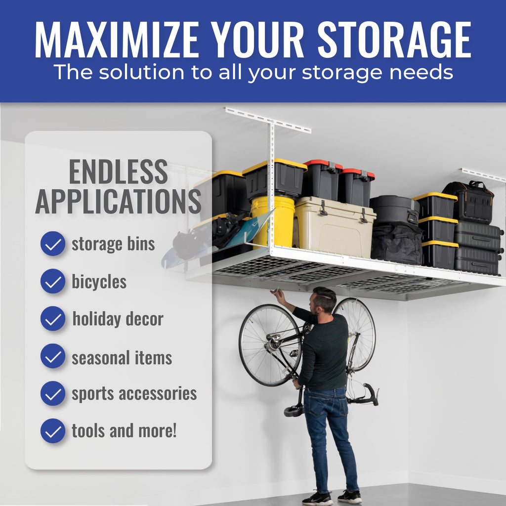 SafeRacks 4 ft x 8 ft Overhead Storage Rack Adjustable 24 in - 45in Height (White) With Accessory Pack With 5-Piece Hook Accessory Pack 2 pack