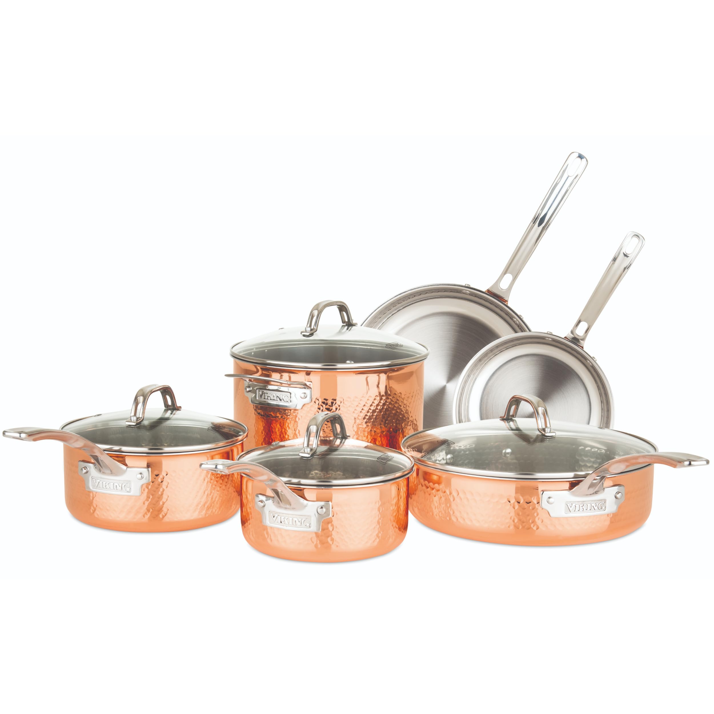 Viking 3-Ply Pots and Pans Set, 10 Piece Copper Kitchen Cookware with Glass Lids, Hammered Copper