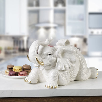 Fitz and Floyd Villa Palm Elephant Ceramic Cookie Jar Figurine, 13 Inch, White