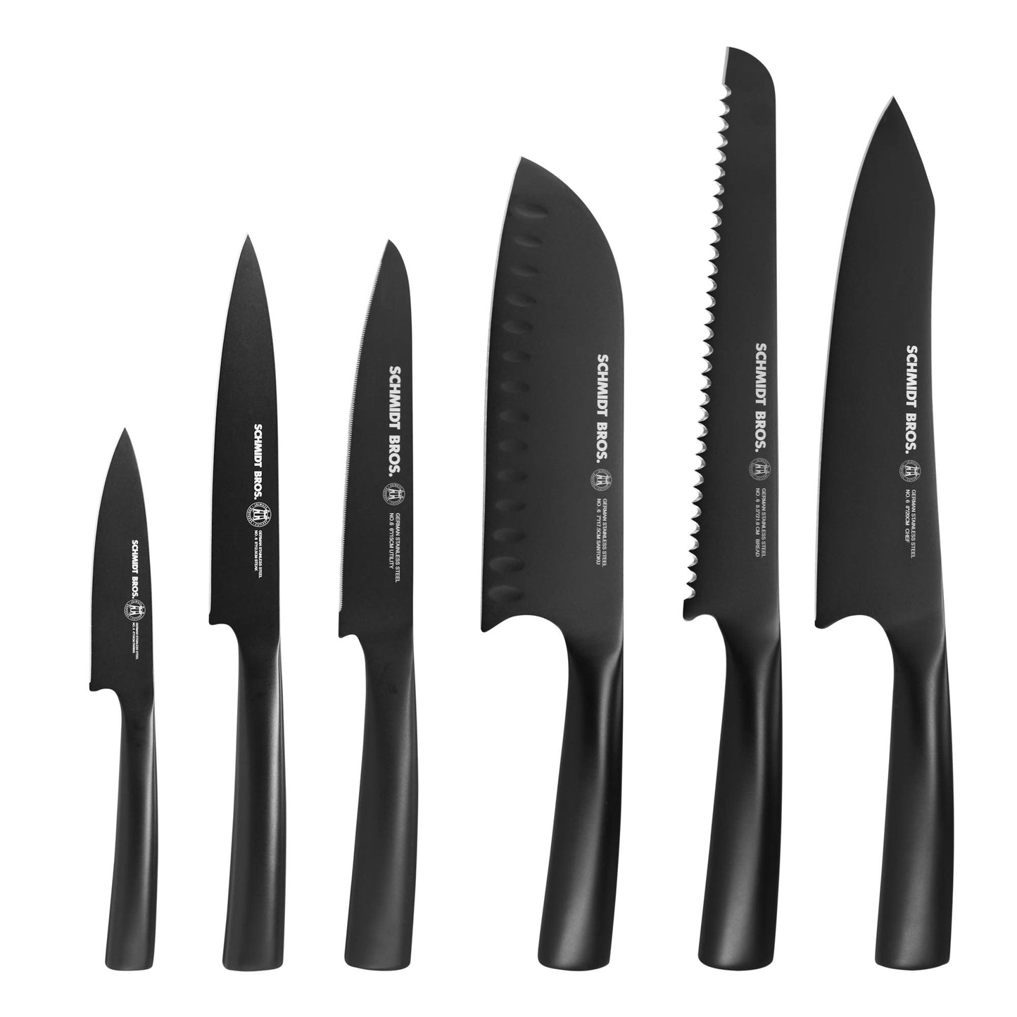 Schmidt Brothers - Jet Black Series 7-Piece Kitchen Knife Set, High-Carbon German Stainless Steel Cutlery, Pure Matte Black Titanium Finish With Clear Acrylic Magnetic Knife Block