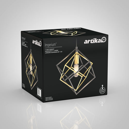 artika Imperium 25W 1-Light Modern Mid-Century Pendant Light Fixture, Black and Gold Finish - Geometric Kitchen Island Light, Made of Steel, Bulb Not Included