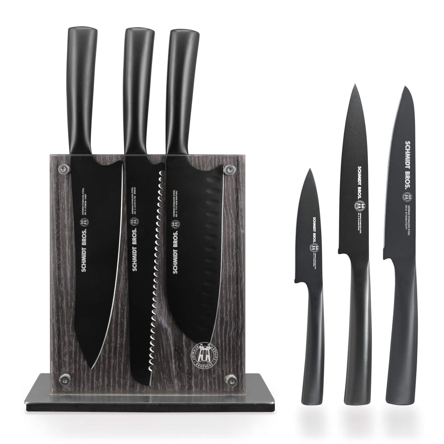 Schmidt Brothers - Jet Black Series 7-Piece Kitchen Knife Set, High-Carbon German Stainless Steel Cutlery, Pure Matte Black Titanium Finish With Clear Acrylic Magnetic Knife Block