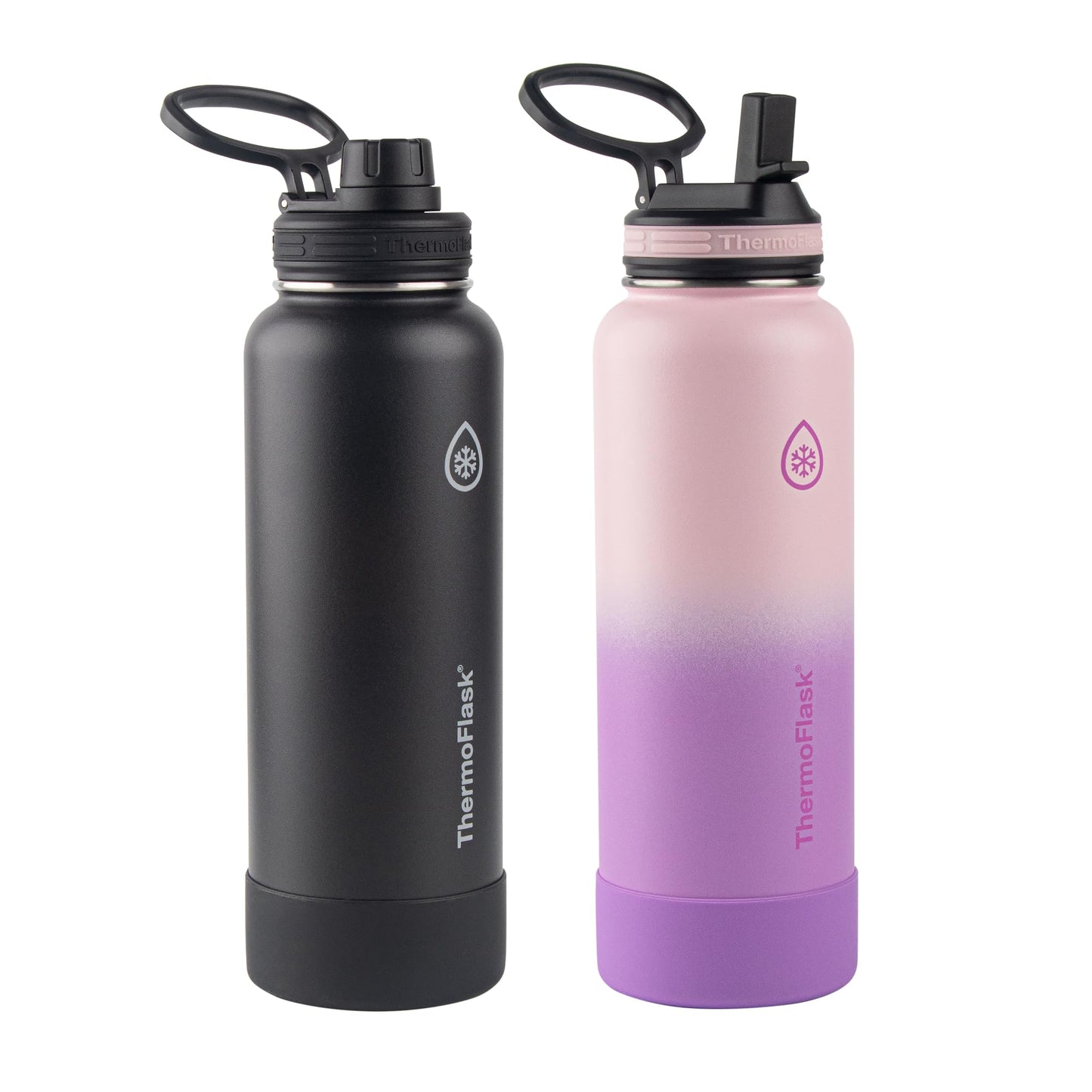 Thermoflask 40oz Stainless Steel Insulated Water Bottles with Straw and Spout Lids, 2-pack, Black/Rose Purple