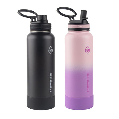 Thermoflask 40oz Stainless Steel Insulated Water Bottles with Straw and Spout Lids, 2-pack, Black/Rose Purple