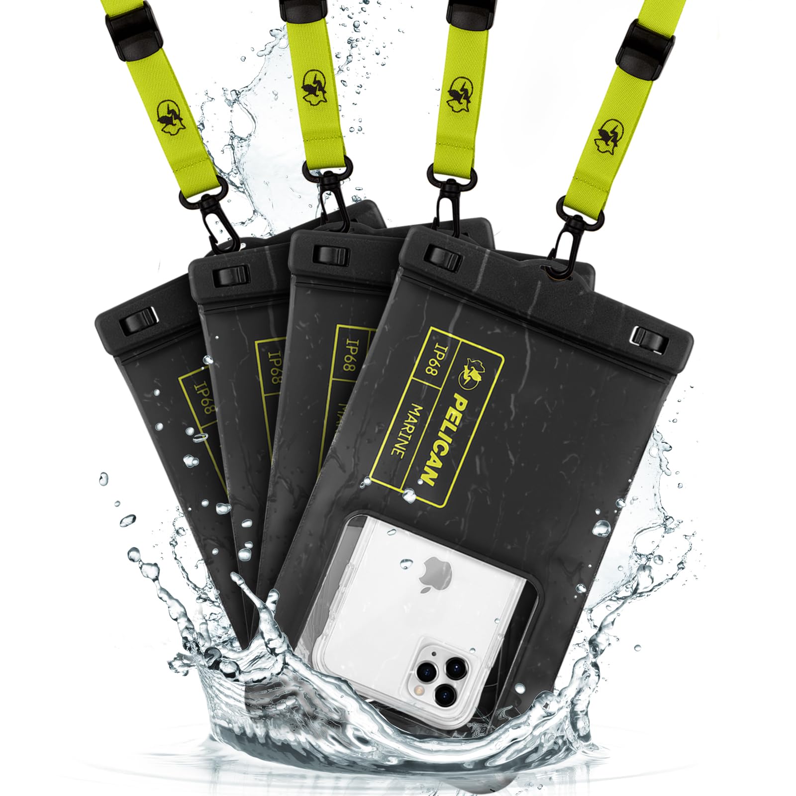 Pelican 4 Pack Marine - IP68 Waterproof Phone Pouch (XL Size) Floating Waterproof Phone Case - Beach Cruise Ship Travel Essentials - Works with All Phones - Detachable Lanyard - Black/Hi-Vis Yellow