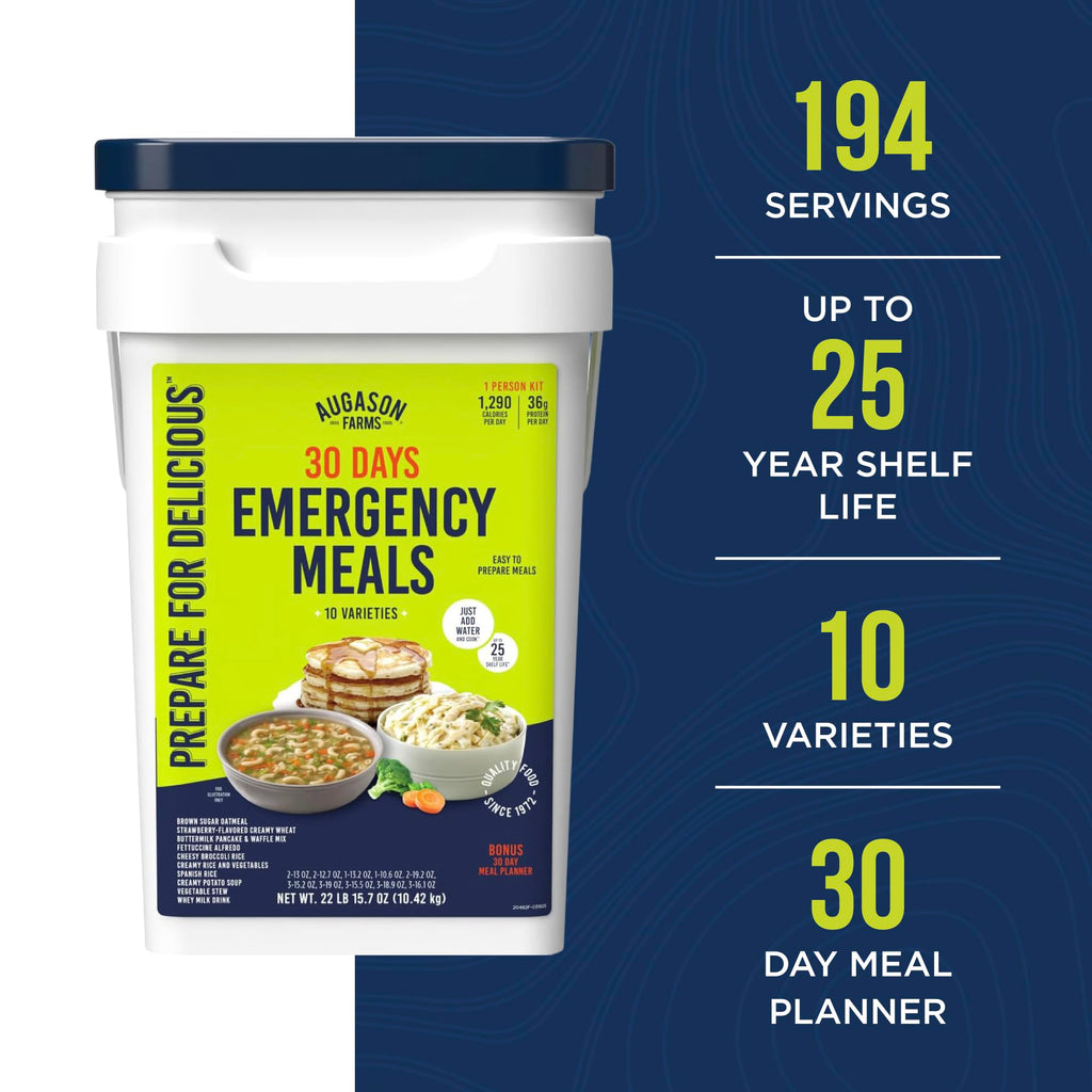 Augason Farms 30 Day Emergency Food Supply bucket with 194 servings and 10 meal varieties for emergency preparedness.