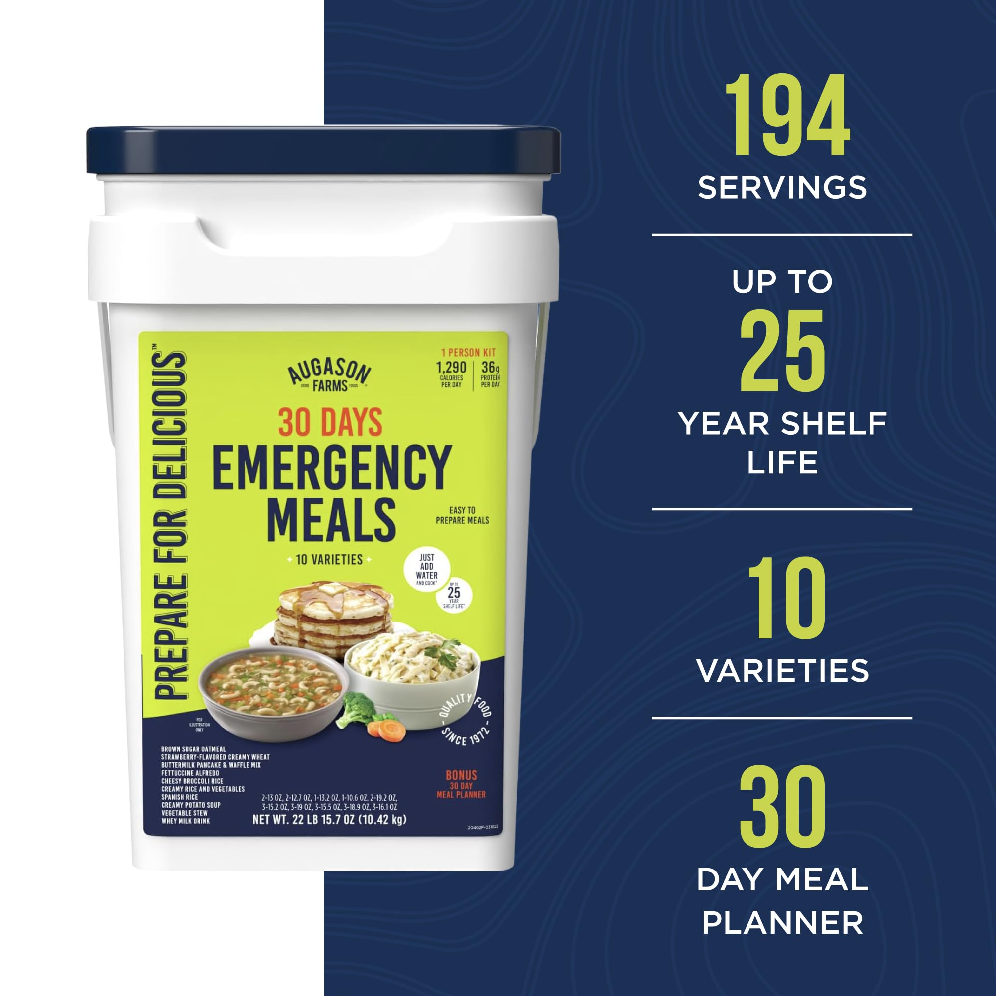 Augason Farms 30 Day Emergency Food Supply bucket with 194 servings and 10 meal varieties for emergency preparedness.