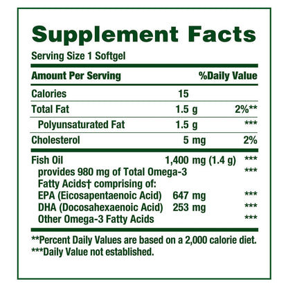 Nature's Bounty softgels fish oil 1400mg omega 3 heart health bottle odorless