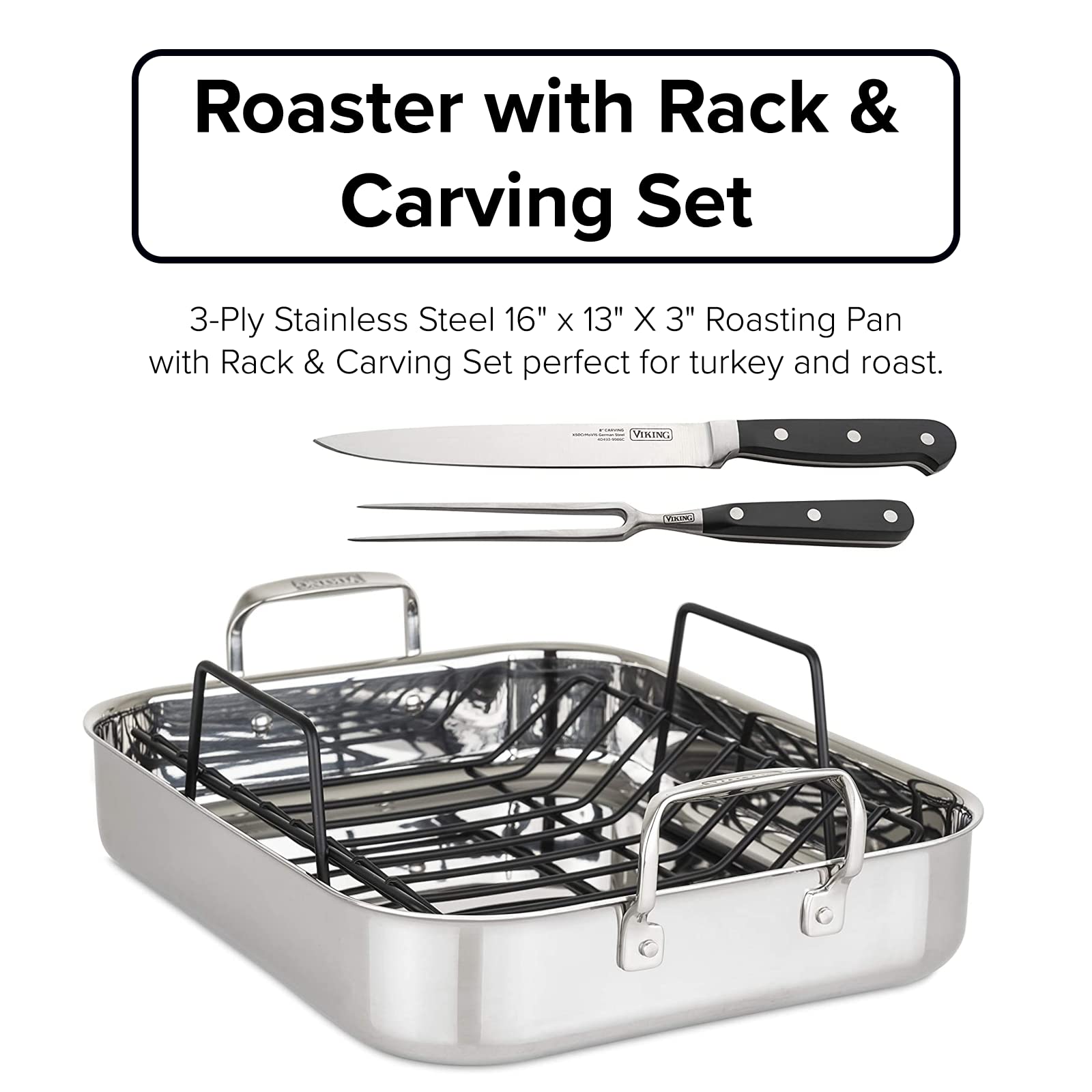 Viking Culinary 3-Ply Stainless Steel Roasting Pan, Includes Nonstick Rack & Carving Set, Dishwasher, Oven Safe, Works on All Cooktops including Induction