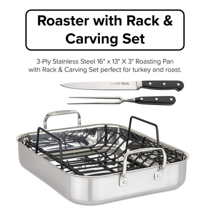 Viking Culinary 3-Ply Stainless Steel Roasting Pan, Includes Nonstick Rack & Carving Set, Dishwasher, Oven Safe, Works on All Cooktops including Induction