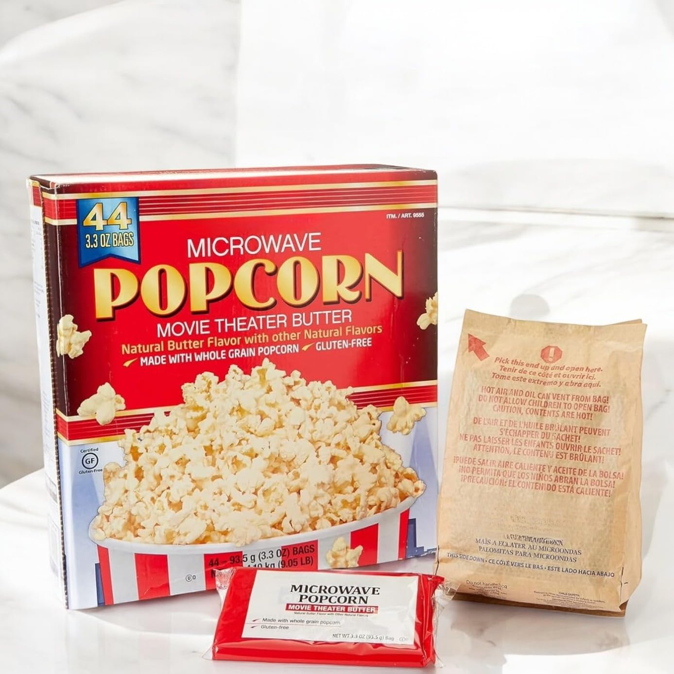 Microwave Popcorn - Kirkland, 44-Count (3.3 oz Bags) – Movie Theater Butter, Whole Grain, Kosher, Gluten-Free, Made in the USA