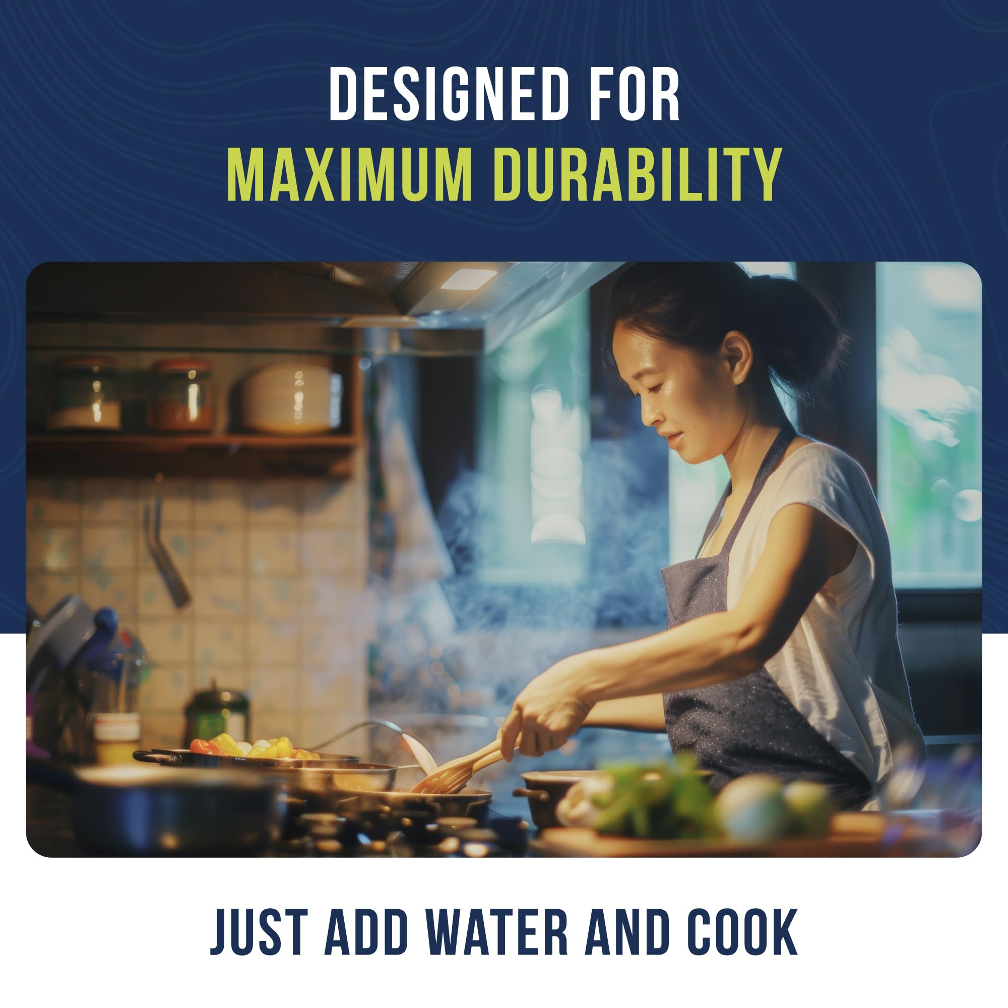 Augason Farms 30 Day Emergency Food Supply preparation in kitchen with focus on maximum durability.