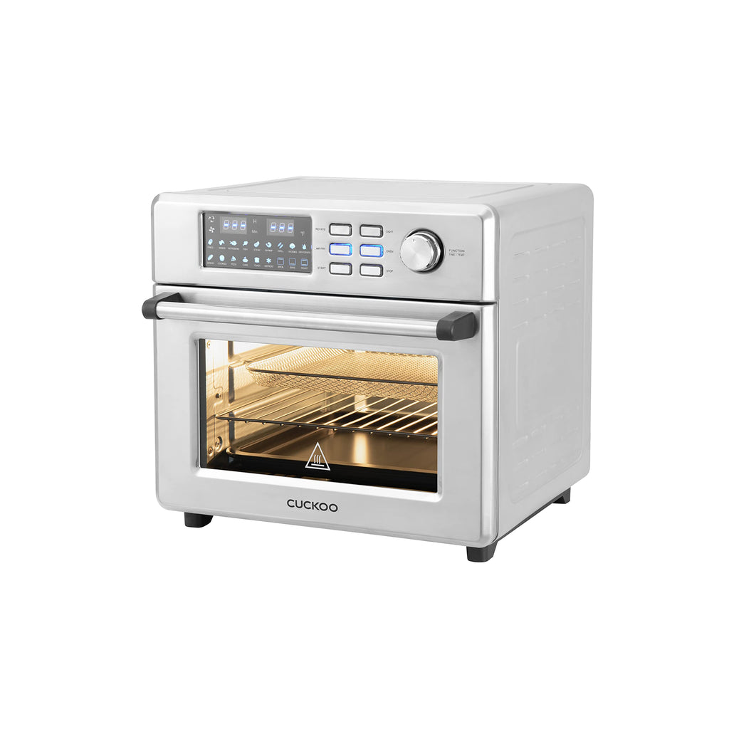 CUCKOO Air Fryer Oven in stainless steel with digital controls and glass door showcasing 360 convection cooking.