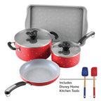 Farberware Disney Bon Voyage Ceramic Nonstick Pots and Pans Set with Baking Sheet/Cookie Pan and Disney Home Kitchen Tools, 8 Piece Non Stick Cookware Set - Red