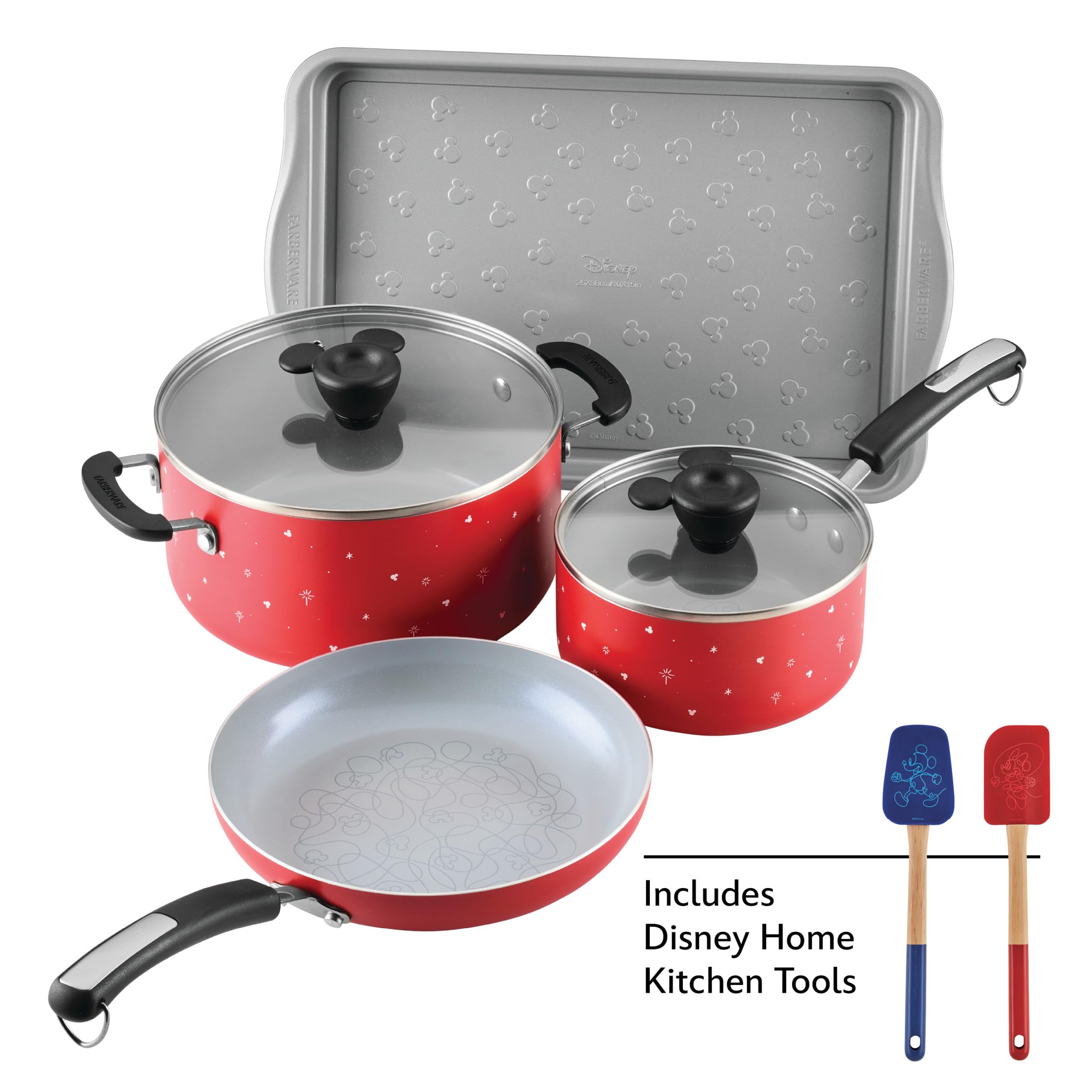Farberware Disney Bon Voyage Ceramic Nonstick Pots and Pans Set with Baking Sheet/Cookie Pan and Disney Home Kitchen Tools, 8 Piece Non Stick Cookware Set - Red