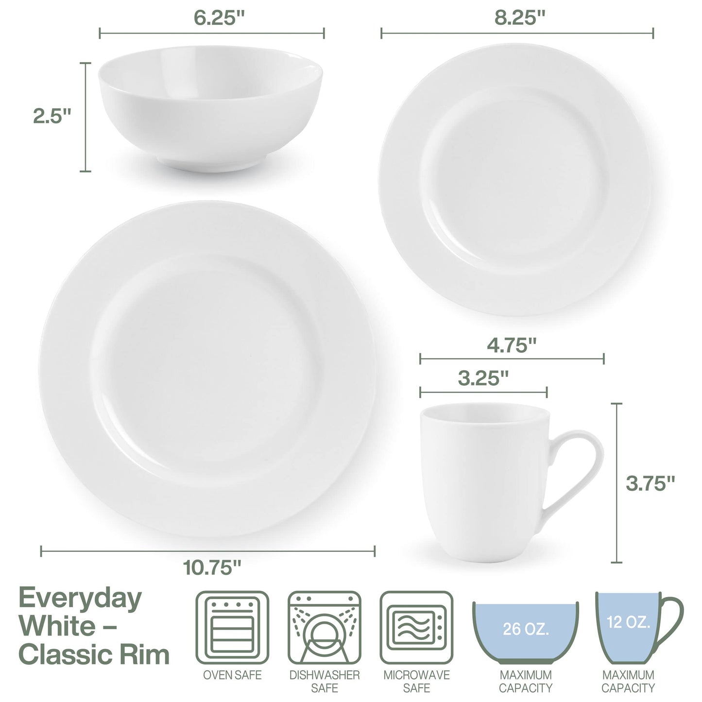 Everyday White by Fitz and Floyd Classic Rim 16 Piece Dinnerware Set, Service for 4