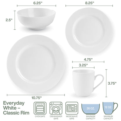 Everyday White by Fitz and Floyd Classic Rim 16 Piece Dinnerware Set, Service for 4