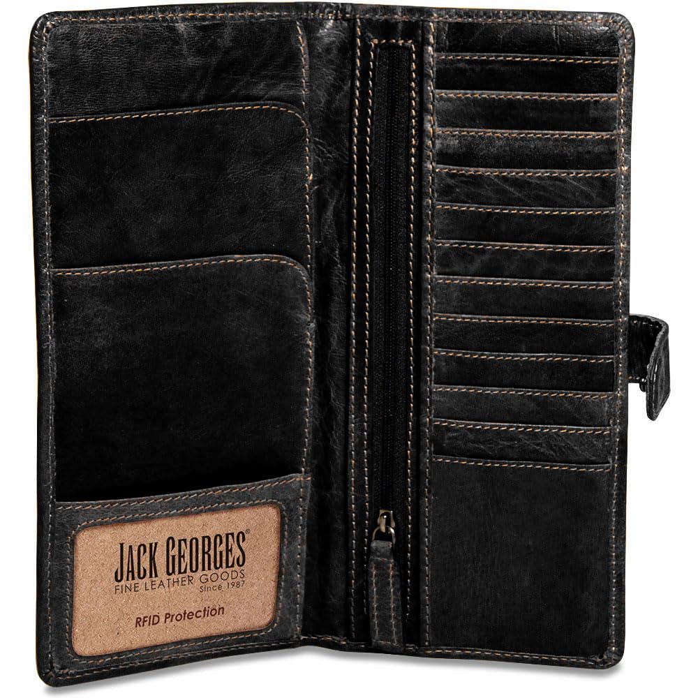 Interior view of the Jack Georges Voyager Travel Wallet showcasing RFID protection and multiple card slots.