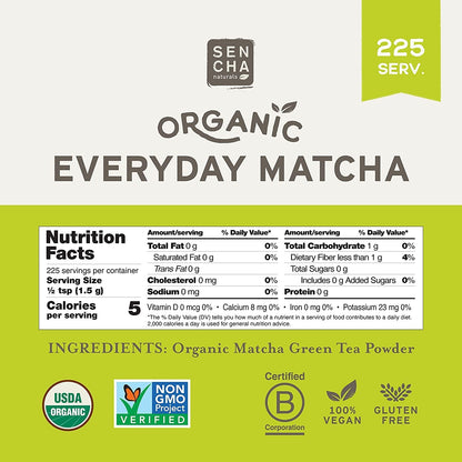 Sencha Eveyrday Natural USDA Organic Matcha Green Tea Powder Rich Antioxidant Revitalizing Body Helathy Gluten Free Product 100% Vegan Diet - 12oz (Pack of 3)