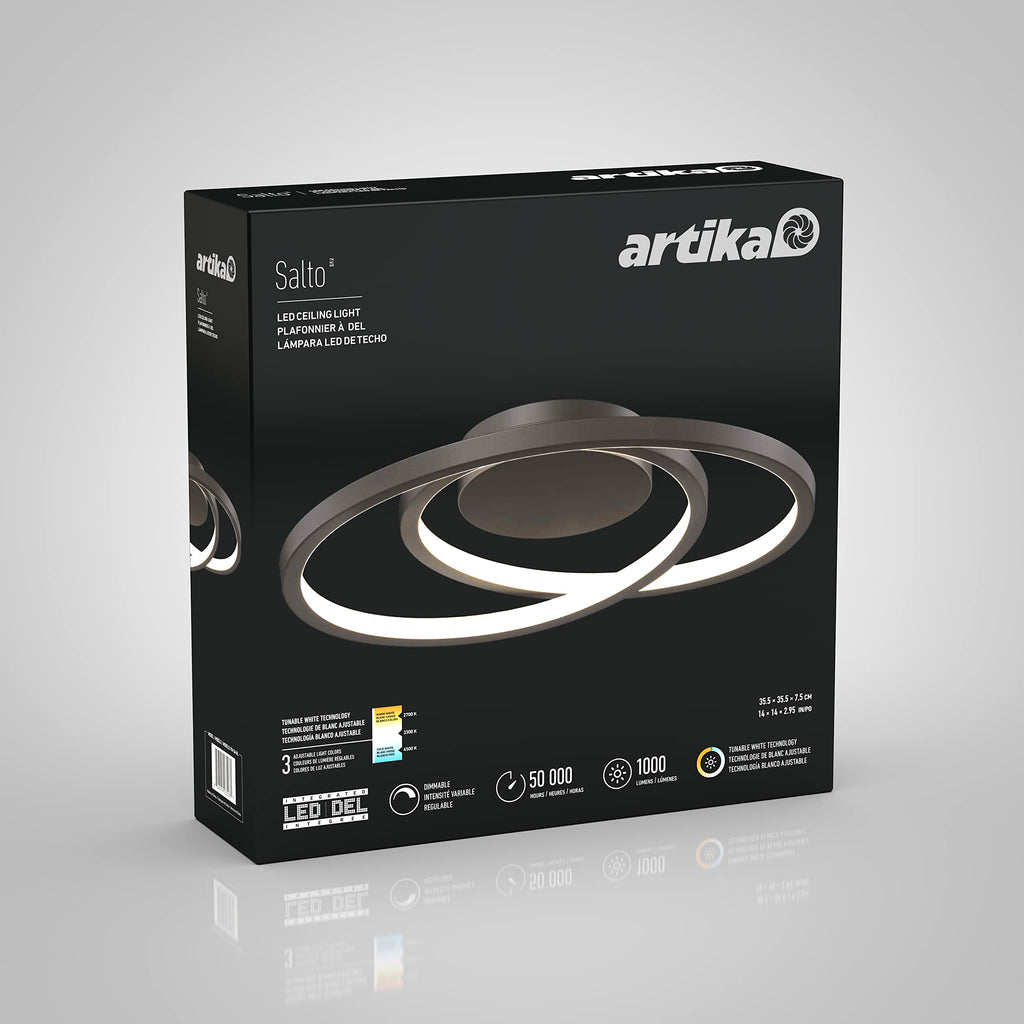 artika Salto 15W LED Modern Swirl Flush Mount Ceiling Light Fixture, Matte Black - Ideal for Bedroom, Hallway, Kitchen - 700 Lumens, 2700-3300-4500 Kelvin, No Bulb Required