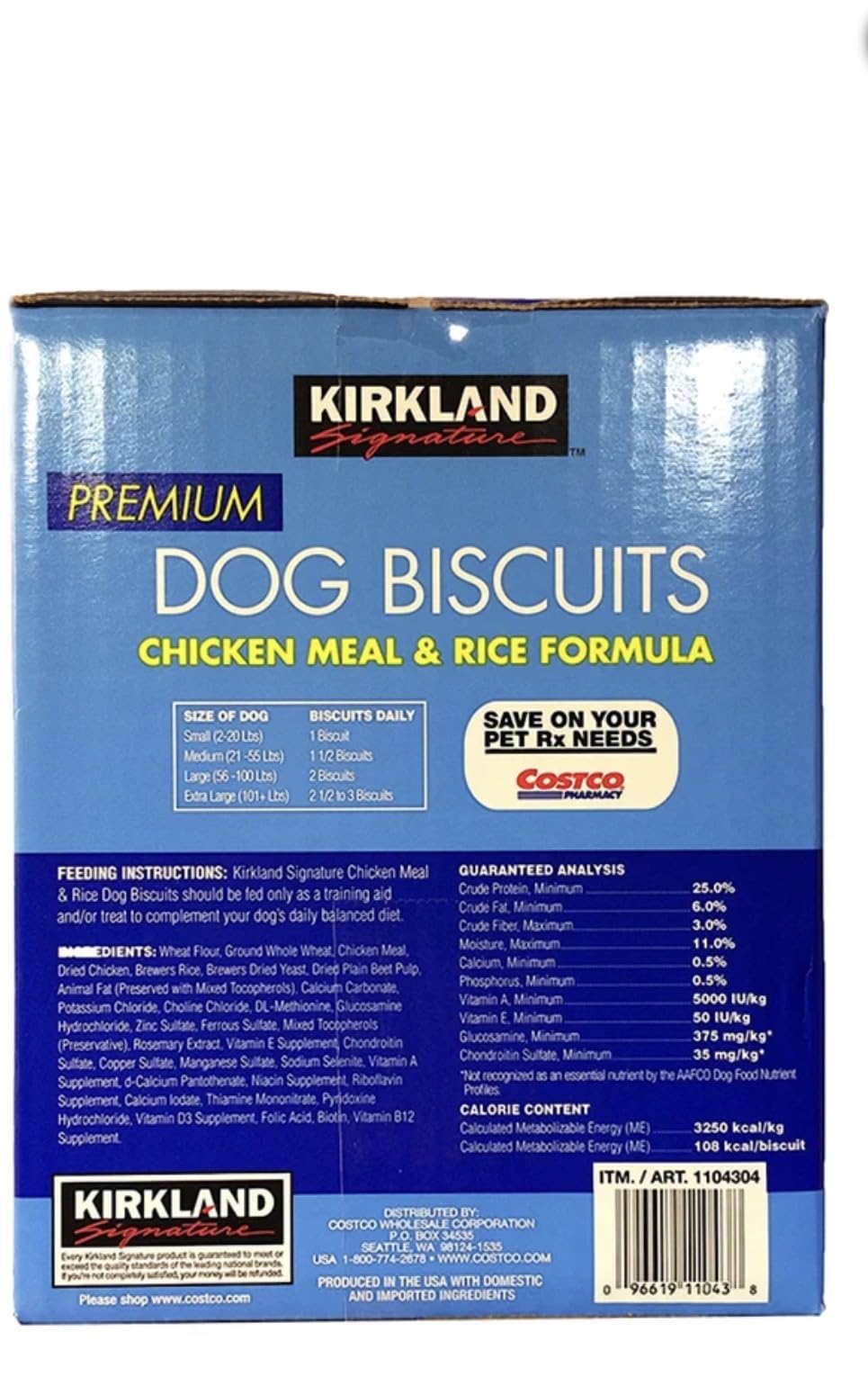Kirkland Signature Premium Dog Biscuits Chicken Meal Rice formula packaging with feeding instructions and guaranteed analysis.