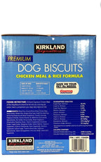 Kirkland Signature Premium Dog Biscuits Chicken Meal Rice formula packaging with feeding instructions and guaranteed analysis.