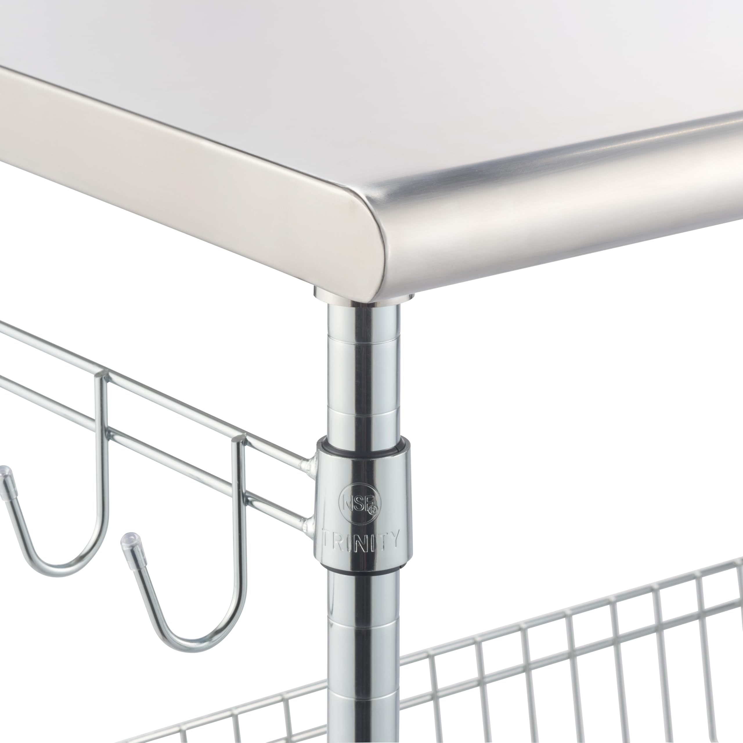 TRINITY EcoStorage Rolling Metal Wire Kitchen Cart with Removable Stainless Steel Top, Basket, Shelf, Sidebar & Hooks, for Storage and Food Prep, NSF Certified, 38.6” W x 20” D x 36” H, Chrome Finish