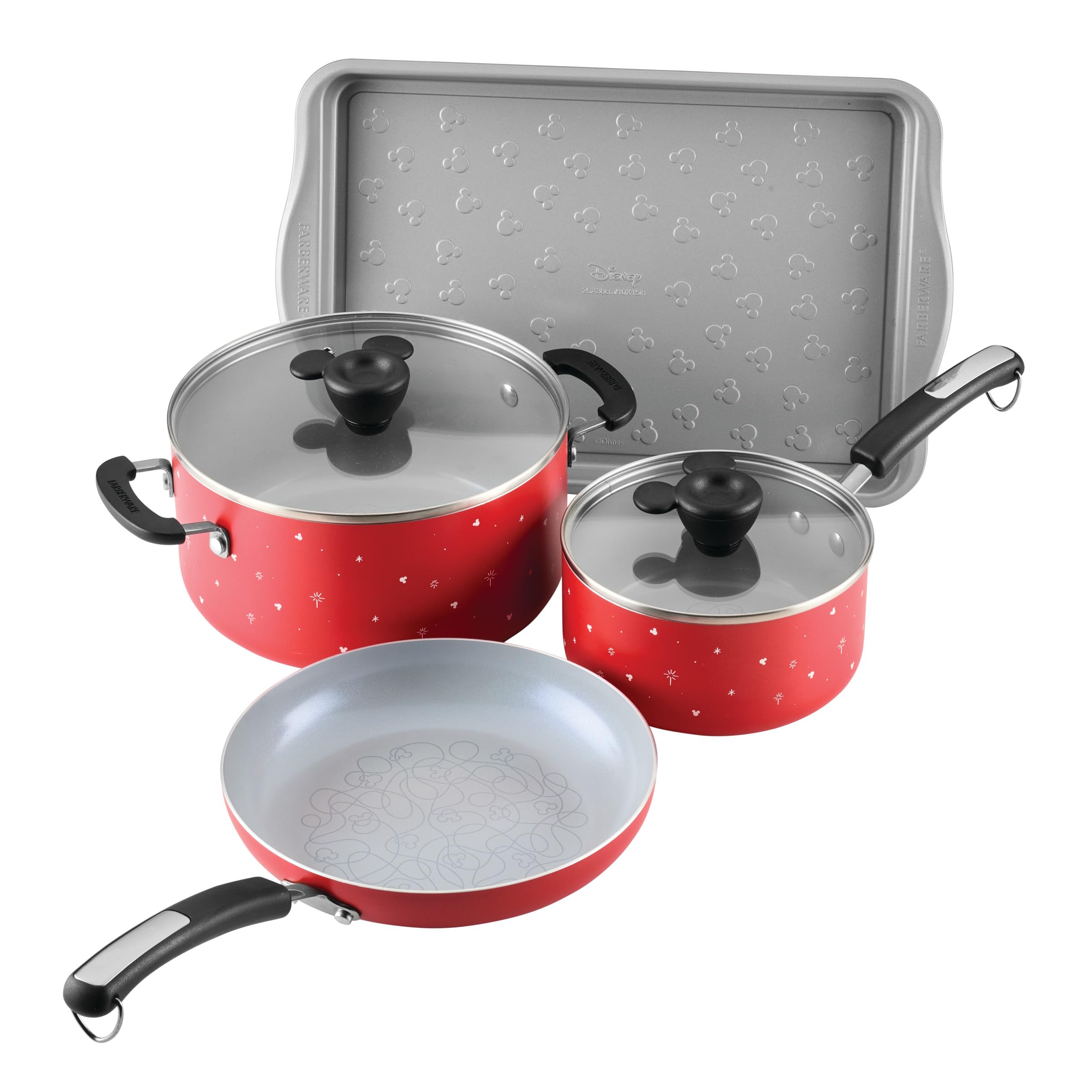 Farberware Disney Bon Voyage Ceramic Nonstick Pots and Pans Set with Baking Sheet/Cookie Pan and Disney Home Kitchen Tools, 8 Piece Non Stick Cookware Set - Red