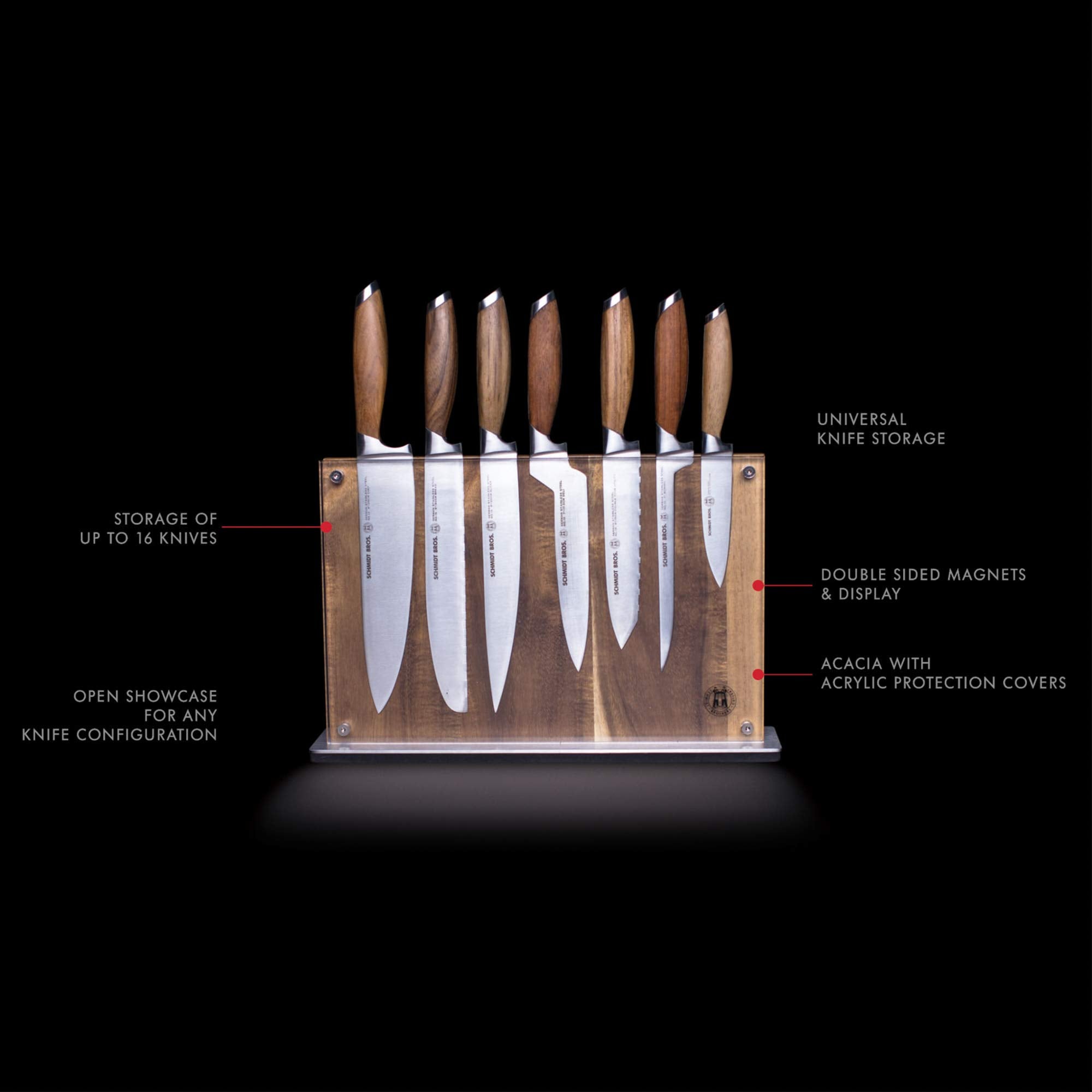 Schmidt Brothers - Acacia Downtown Magnetic Knife Block, Acacia Hardwood and Acrylic Shield, Universal Cutlery Storage For 16-18 Knives