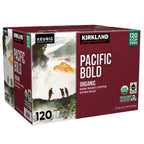 Kirkland Signature Pacific Bold K-Cup 120 Count pack of dark roast coffee pods, USDA Organic and Fair Trade certified.