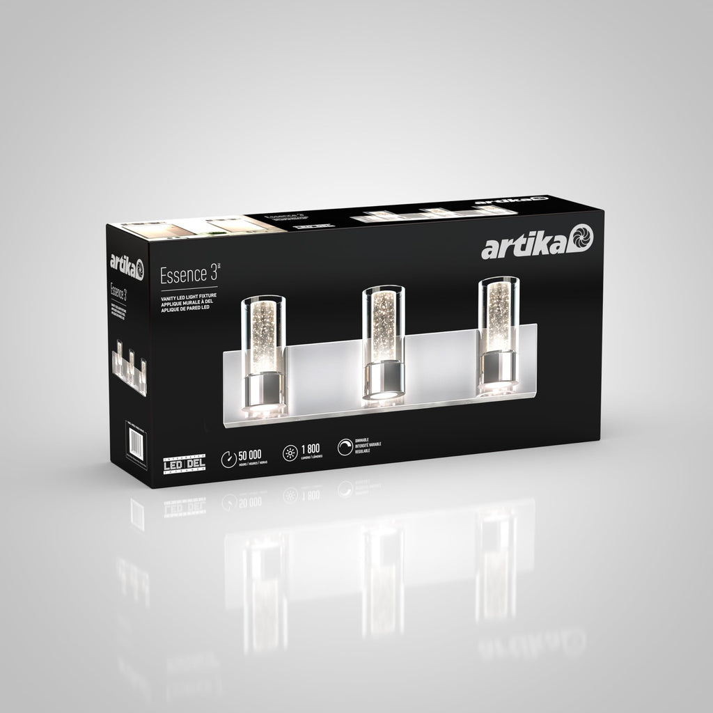 artika Essence 23W LED Modern Vanity Light Fixture, Chrome Finish with Bubble Glass and Glass Diffusers - Ideal for Bathroom Lighting - 1800 Lumens, 3000 Kelvin, No Bulb Required