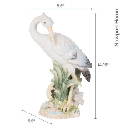 Fitz and Floyd Fitz & Floyd Newport Home Coastal Ceramic Egret Facing Backward Figurine, 14.25 inches White