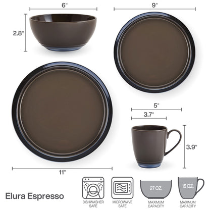 Mikasa Elura Espresso 16 Piece Dinnerware Set, Service for 4,Brown