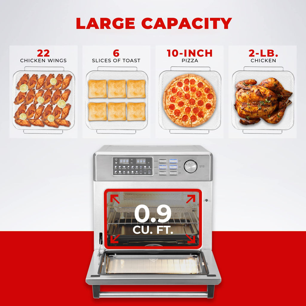 CUCKOO Air Fryer Oven large capacity highlighting 22 chicken wings, 6 slices of toast, 10-inch pizza, and 2-lb chicken.