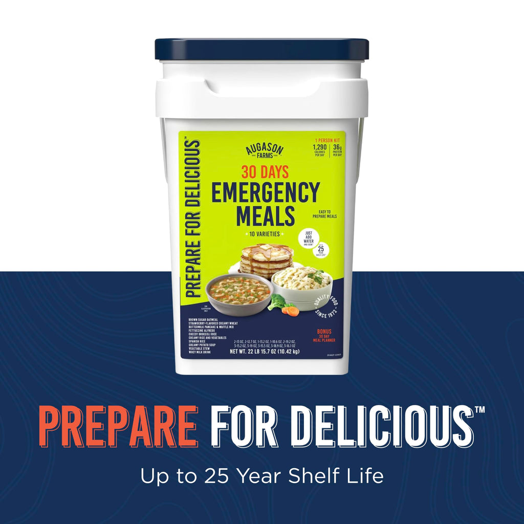 Augason Farms 30 Day Emergency Food Supply bucket with 194 servings and 25-year shelf life.