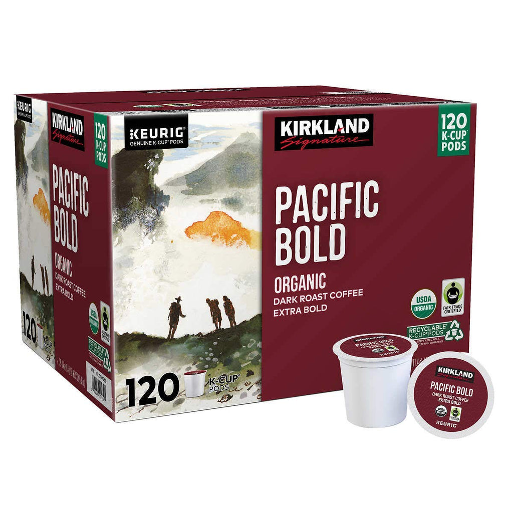 Kirkland Signature Pacific Bold K-Cup 120 Count dark roast coffee packaging, organic extra bold coffee pods.