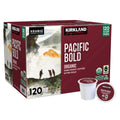 Kirkland Signature Pacific Bold K-Cup 120 Count dark roast coffee packaging, organic extra bold coffee pods.