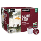 Kirkland Signature Pacific Bold K-Cup 120 Count dark roast coffee packaging, organic extra bold coffee pods.