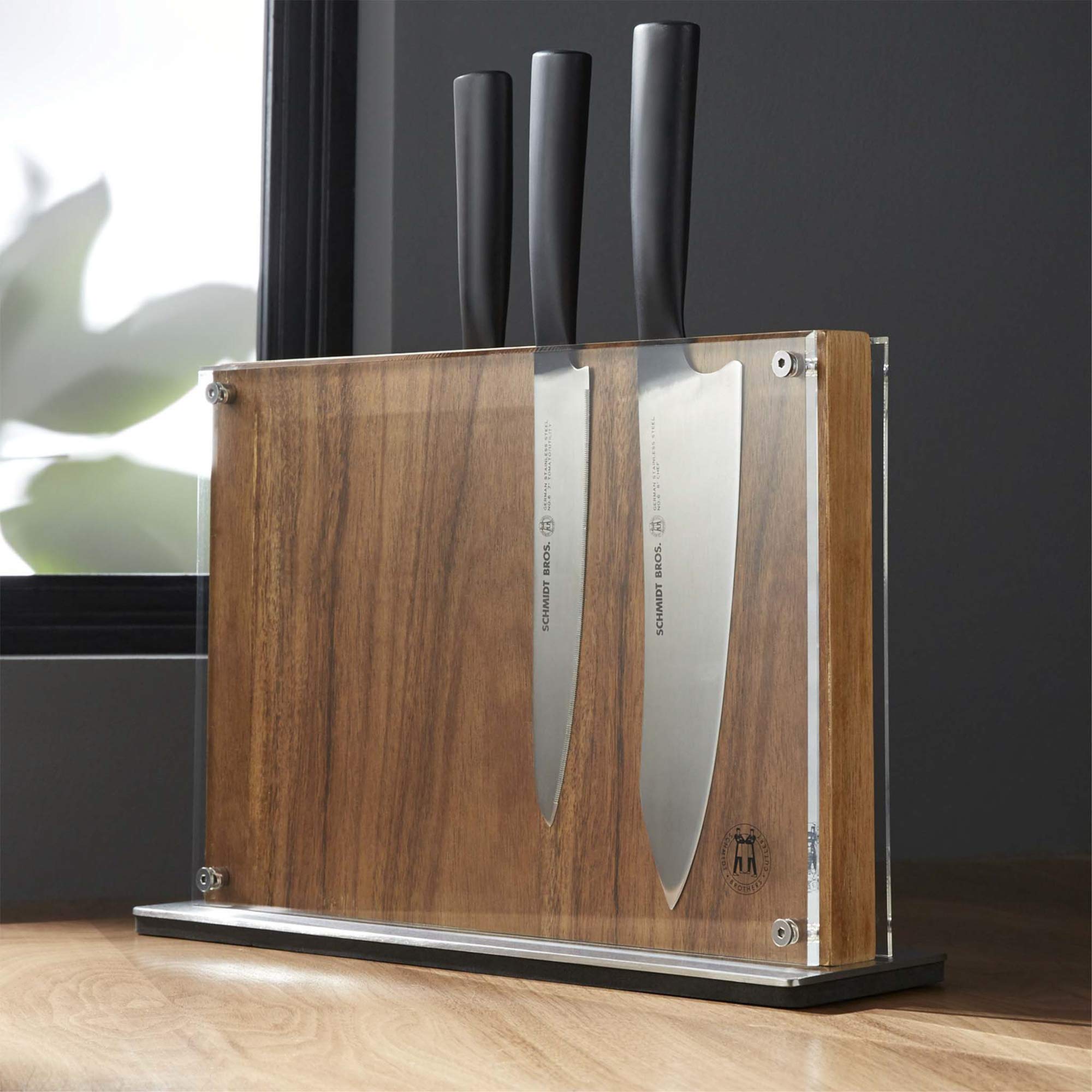 Schmidt Brothers - Acacia Downtown Magnetic Knife Block, Acacia Hardwood and Acrylic Shield, Universal Cutlery Storage For 16-18 Knives
