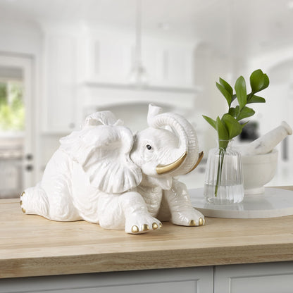 Fitz and Floyd Villa Palm Elephant Ceramic Cookie Jar Figurine, 13 Inch, White