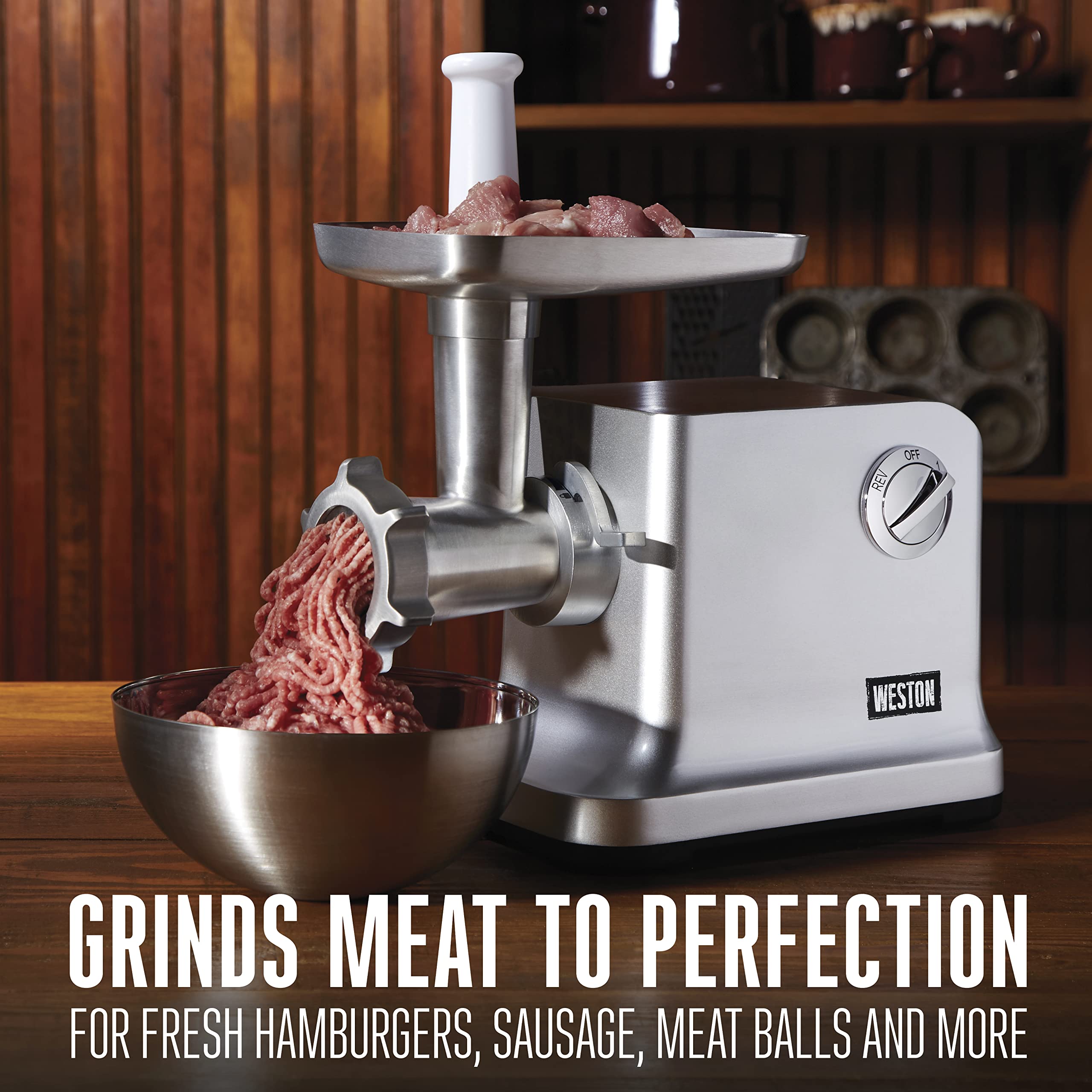 Weston Electric Meat Grinder & Sausage Stuffer, #12 750 Watt, 1 HP Motor, Grinds 4 lbs Per Minute, Includes Stainless Steel Grinding Plates, Die-Cast Aluminum (33-1301-W)